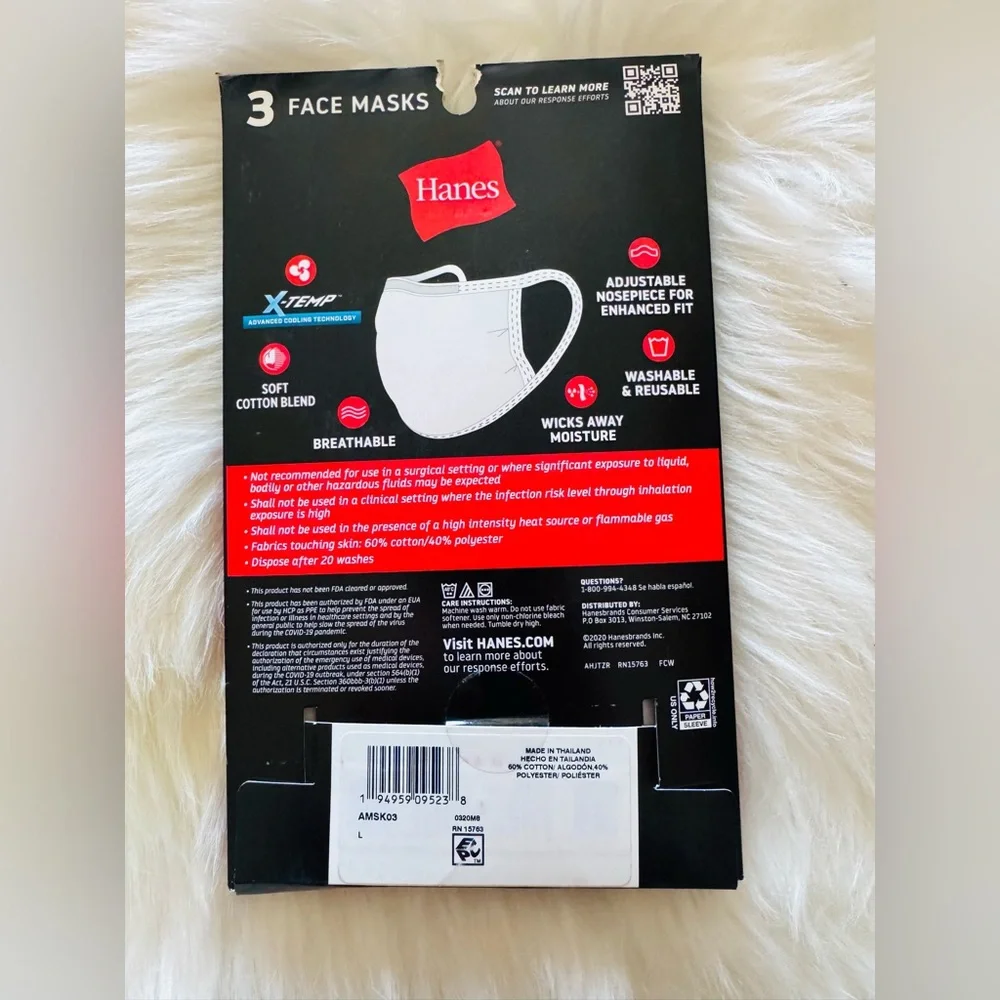 8 Hanes Breathable White Cotton Masks Adult Large and One Size Fits Most